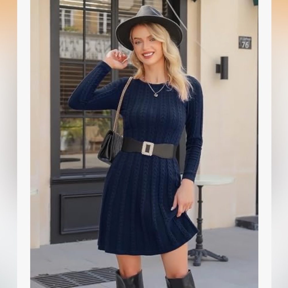Women's Elegant Knitted Dress crew neck Long Sleeve for Autumn and Winter